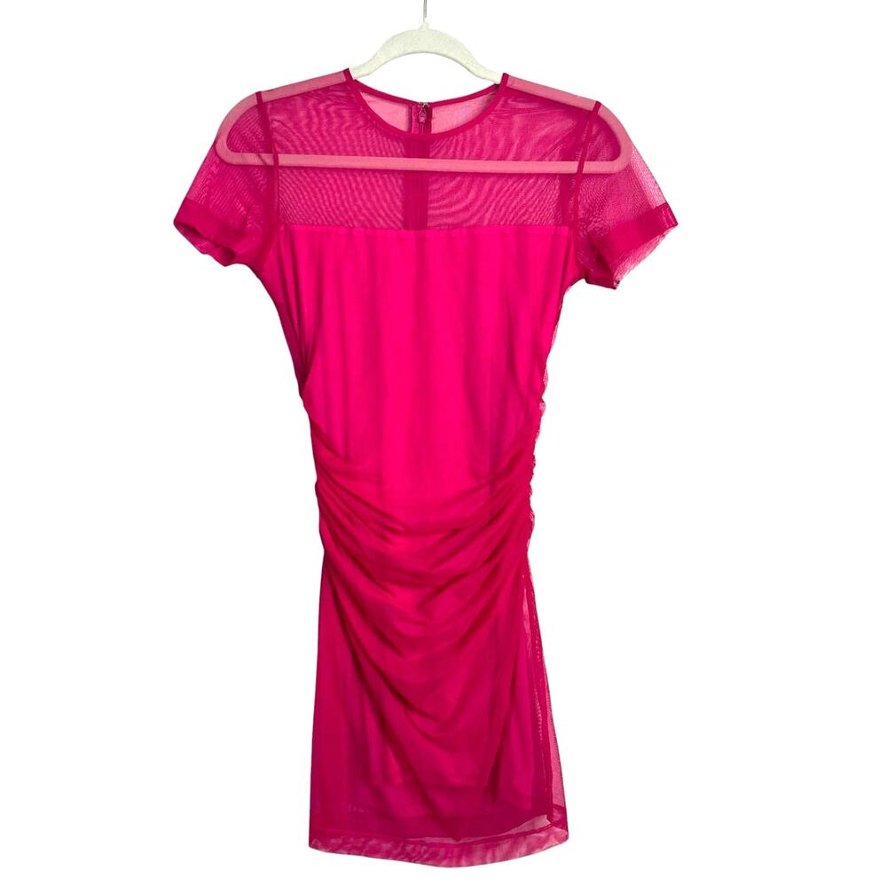 AMANDA UPRICHARD Lyle Mini Dress Raspberry Pink Size Small Party Ruched Mesh - Picture 2 of 8